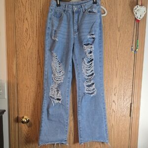 SHEIN Blue Straight Leg Distressed Jeans Size Medium